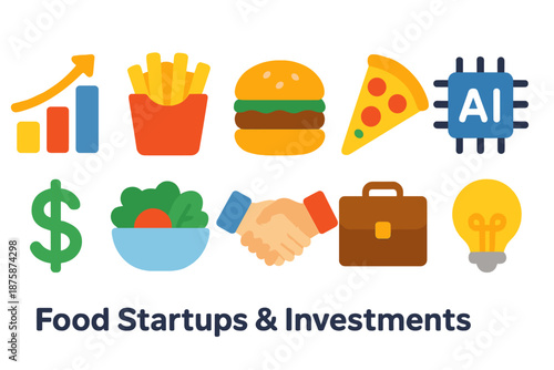 Food startups and investments icon set. Entrepreneurship, finance flat collection