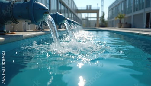 Water streams from industrial pipes into clear blue treatment pool. Modern facility processing liquid for purification, sanitation needs. Water system infrastructure management for clean environment. © miss irine