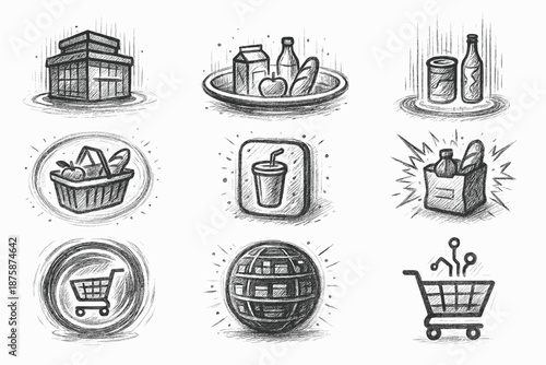 Grocery shopping sketch icon set. Basket, cart, and food icons outlined collection