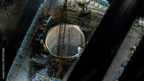 Photos Aerial HDR Night View of I-35 Tunnel Excavation Shaft Between Highway Decks