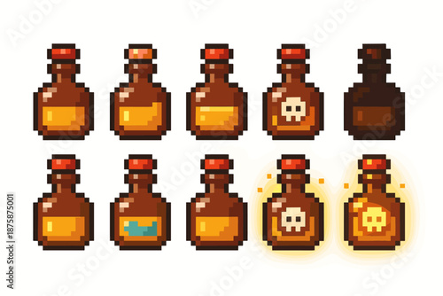 Potion bottles icon set in pixel art style for games and fantasy projects
