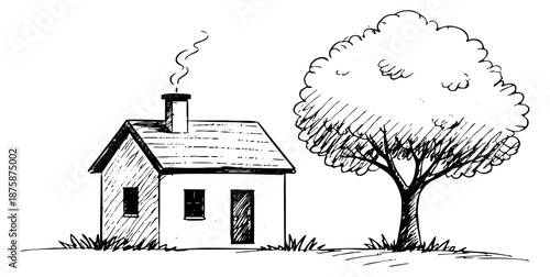 Hand drawn line art illustration of a house and tree depicting a cozy residential scene for property and nature concepts