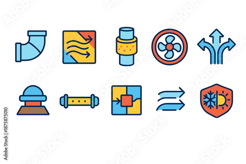 Hvac, ventilation flat icon set. Air conditioning, climate control icons flat design