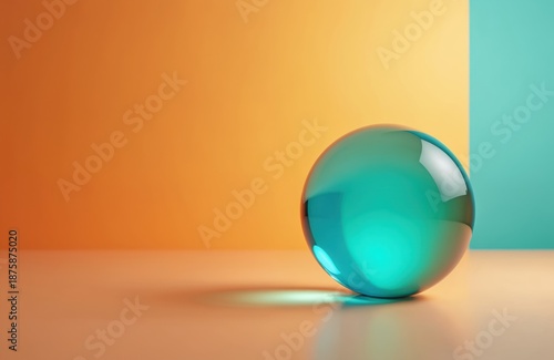 Bright turquoise glass sphere rests on flat surface. Warm orange and cool blue background create color contrast. Minimalist clean studio lighting highlights object smooth shape.