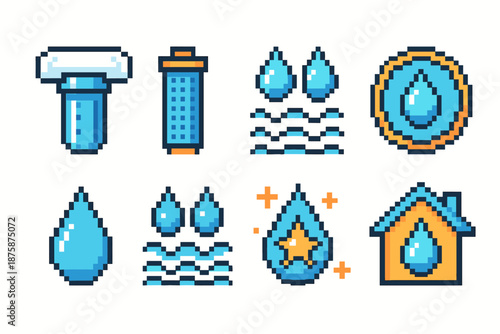 Home water filtration icon set. Clean, blue pixel art line style collection.