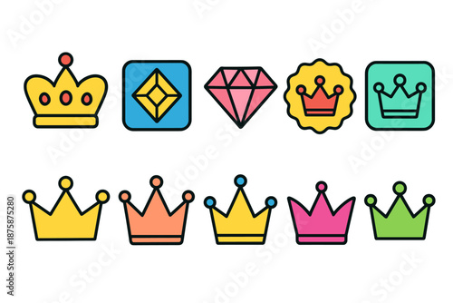 Crown and jewel icon set: vibrant, colorful outline collection for digital designs