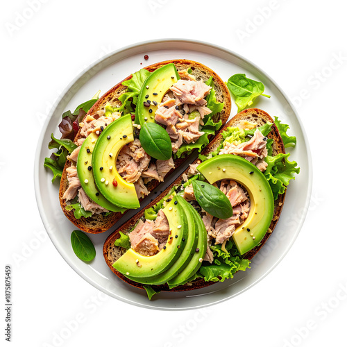 Plate of Tuna Salad with Avocado on Wheat Bread  Isolated on a Transparent Background © JJAVA