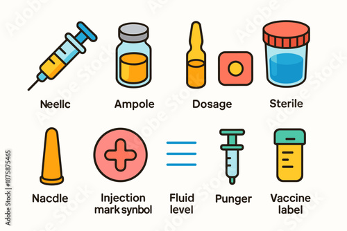 Medical and healthcare flat icon set. Syringe, vaccine, dosage illustrations collection