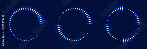 Sound pulsation circles set. Futuristic circular loading or progress indicators. Blue glowing HUD elements on a dark background. Vector design element