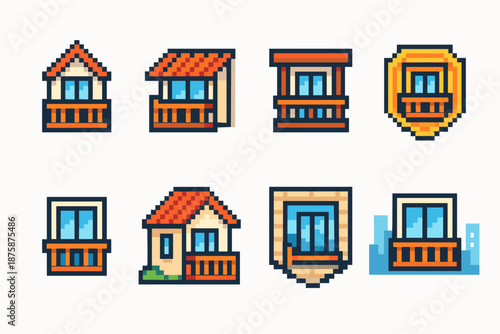 Balcony, window pixel icon set. Architecture, building elements pixel graphics