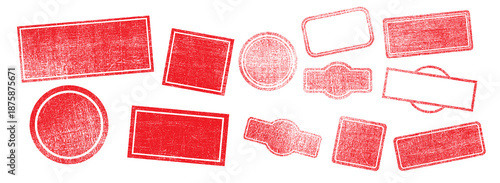 Red grunge postage stamp set with squares, rectangles. Retro vector frames, banners, badges, labels, logos. Distressed disaster textures with empty circular, rectangular forms for text, vintage design