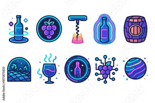 Wine and vineyard icon set. Flat style of wine bottles, grapes, and barrel illustrations