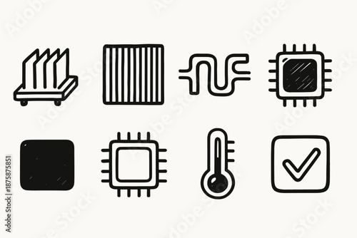 Electronic components outline icon set. Circuit, chip, transistor, sensor icons.