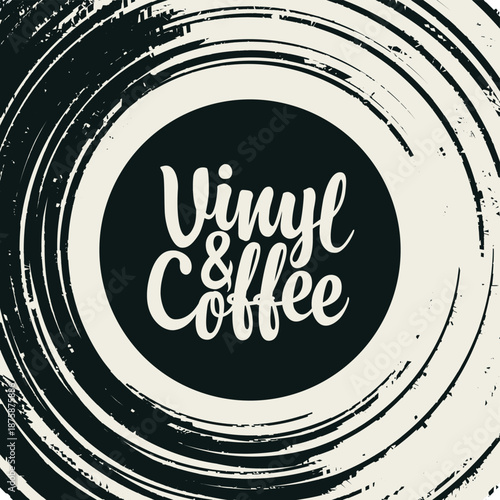 Vector menu or banner for cafe or music restaurant with vinyl records, plate, player and inscription Vinyl and coffee in vintage style. Advertising poster, flyer, signboard, logo, menu. No ai used