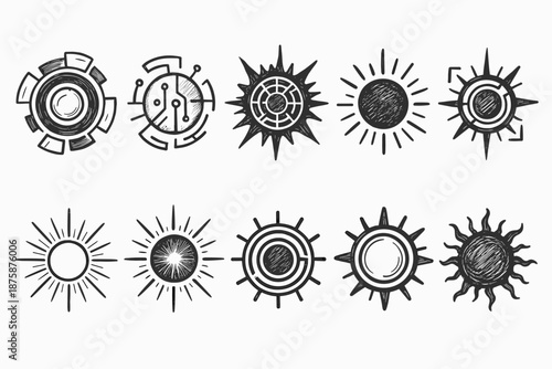 Sun and solar outline icon set. Shine, energy, climate collection with line style