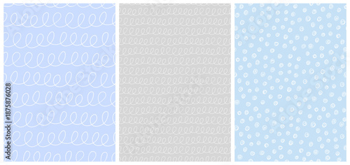 Abstract Doodle Seamless Vector Pattern With Hand Drawn Dots And Looped Lines. White Irregular Loops And Circles Isolated on a Pastel Blue And Light Gray Background. Childish Style Geometric Print.