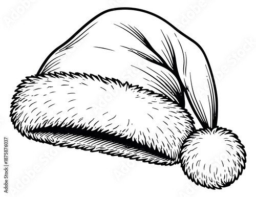 Hand drawn line art illustration of a Santa hat depicting a classic Christmas accessory for seasonal holiday designs