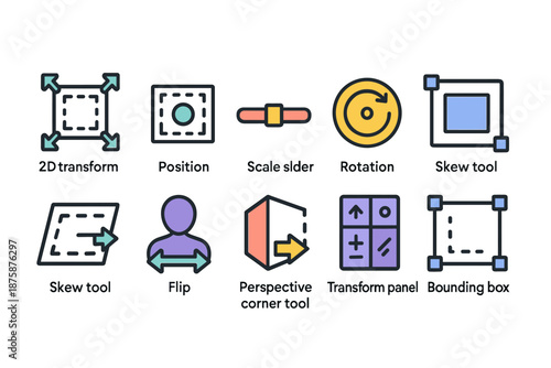 “Editing tools icon set. Transform, rotate, skew icons in flat style collection”