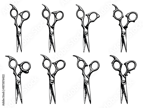 Hand drawn line art hairdressing scissors set featuring various professional salon tools for hairstylist or barber businesses