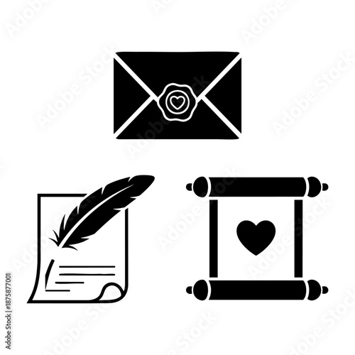 Love Letter Envelope Quill and Scroll Three Silhouette Vector Icons