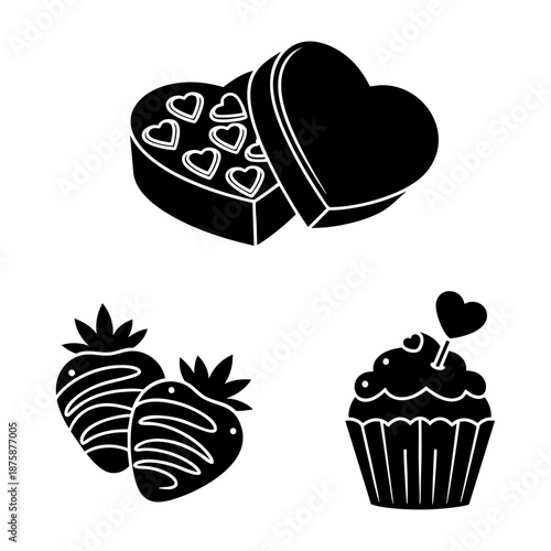 Valentine Sweet Treats Chocolates Strawberries Cupcake Three Silhouette Set