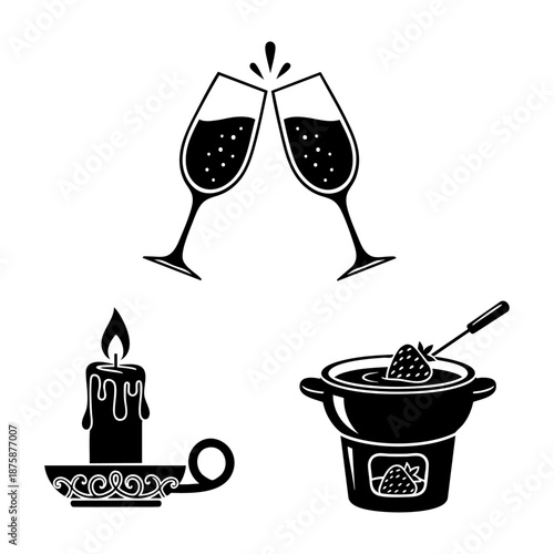 Valentine Dining Toasting Glasses Candle and Fondue Three Silhouette Set