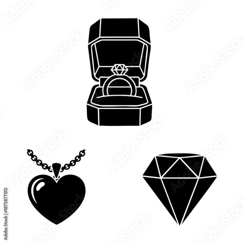 Jewelry Gifts Ring Box Necklace and Diamond Three Silhouette Icon Set