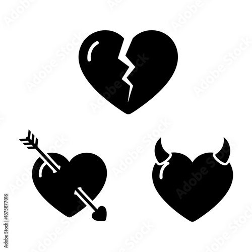 Anti-Valentine Broken Heart and Arrow Three Silhouette Vector Icons