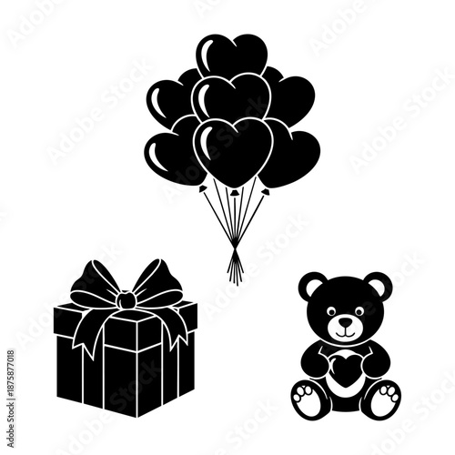 Valentine Party Gifts Balloons and Teddy Bear Three Silhouette Set