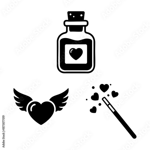 Love Potion Bottle and Magic Wand Three Silhouette Vector Icons