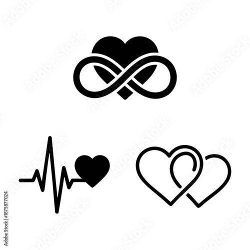 Abstract Love Symbols Infinity Heartbeat and Interlocking Hearts Set