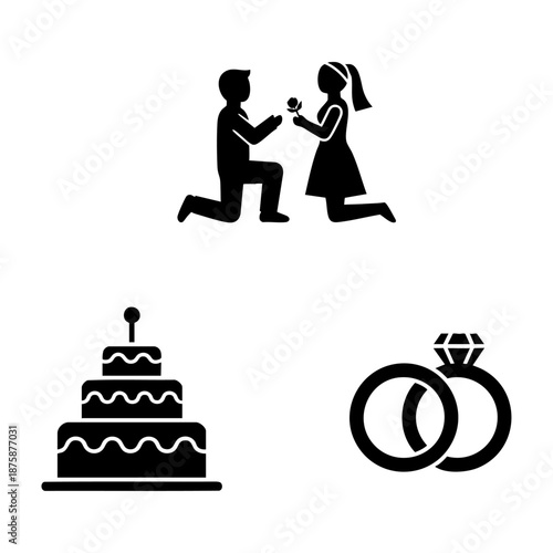Wedding Proposal Scene Cake and Rings Three Silhouette Vector Set