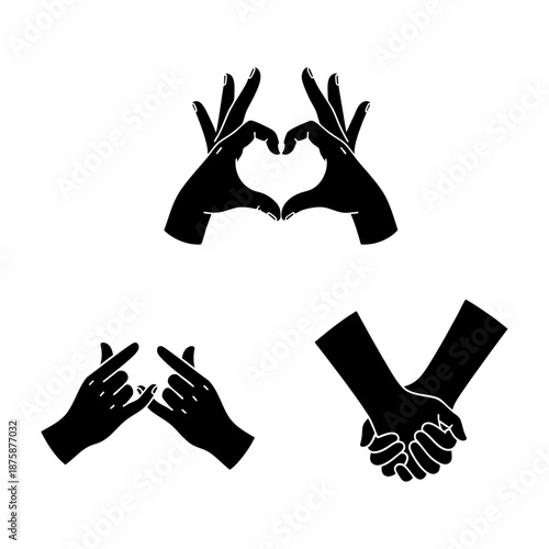 Romantic Hand Gestures Heart Shape Pinky Promise Three Silhouette Set