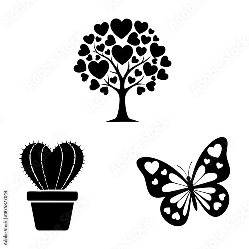 Love in Nature Heart Tree Cactus and Butterfly Three Silhouette Set