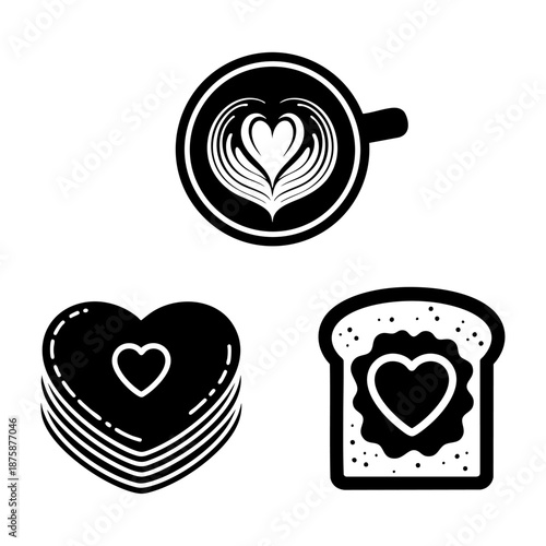 Valentine Breakfast Coffee Pancakes and Toast Three Silhouette Vector Icons