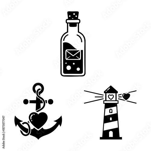 Nautical Love Message Bottle Anchor and Lighthouse Three Silhouette Set
