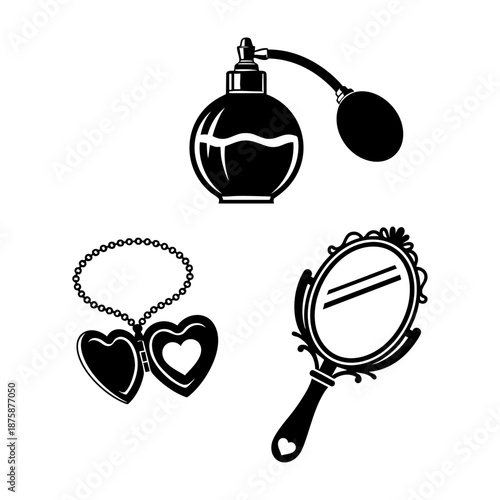 Vintage Vanity Perfume Bottle Locket and Mirror Three Silhouette Set