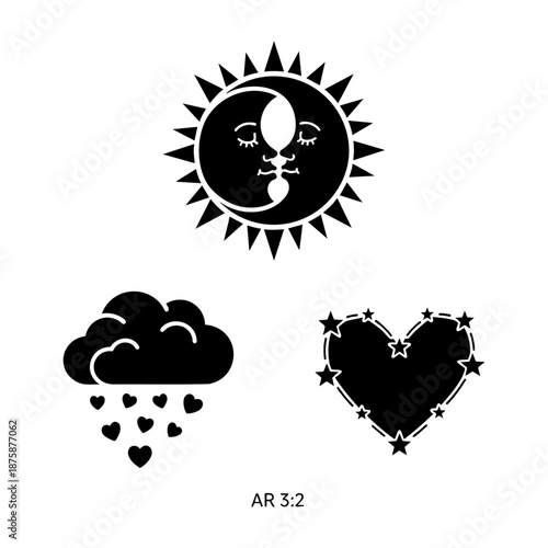 Celestial Romance Sun Moon Kiss and Cloud Hearts Three Silhouette Set