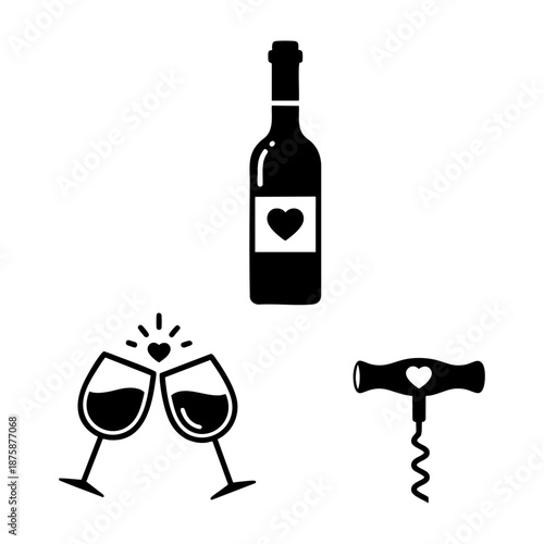 Romantic Wine Bottle Glasses and Opener Three Silhouette Set