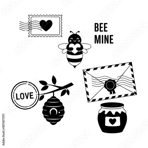 Cute Bee Mine Insect and Honey Pot Three Silhouette Vector Icons