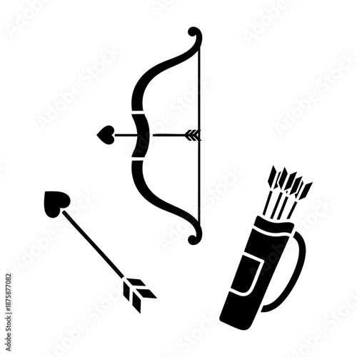 Cupid Archery Bow Arrow and Quiver Three Silhouette Set