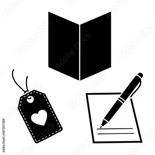 Valentine Stationery Card Tag and Pen Three Silhouette Vector Set