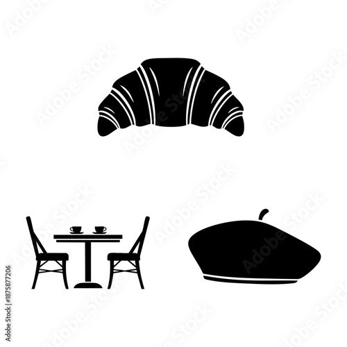 Parisian Cafe Romance Croissant Table and Beret Three Silhouette Set