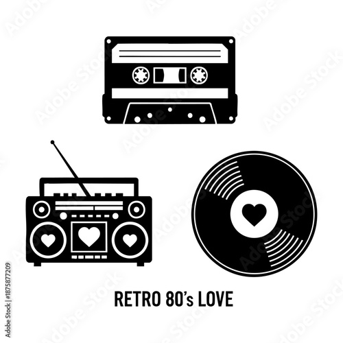Retro 80s Love Mixtape Boombox and Vinyl Record Three Silhouette Set