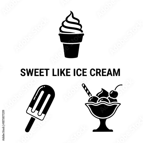 Sweet Ice Cream Cone Popsicle and Sundae Three Silhouette Vector Icons