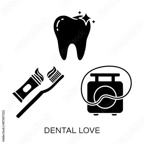 Dental Love Tooth Toothbrush and Floss Three Silhouette Vector Set