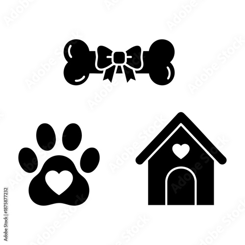 Puppy Love Dog Bone Paw Print and House Three Silhouette Vector Set