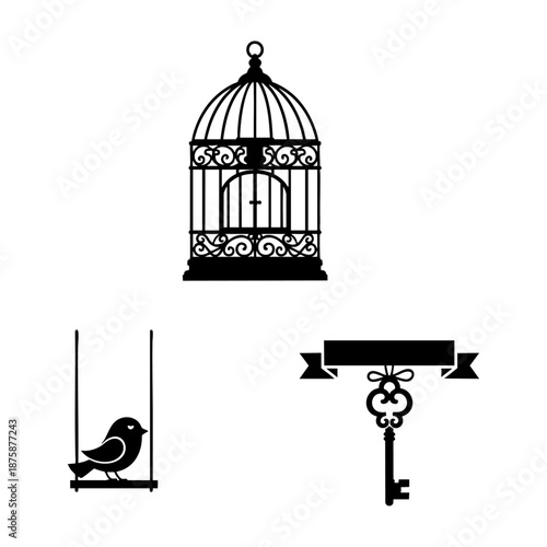 Vintage Birdcage Romance Bird and Key Three Silhouette Vector Icons