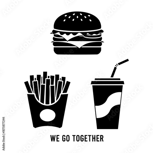 Fast Food Love Burger Fries and Soda Cup Three Silhouette Set