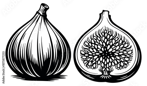 Line art fig set featuring a whole and a halved fruit for healthy eating designs